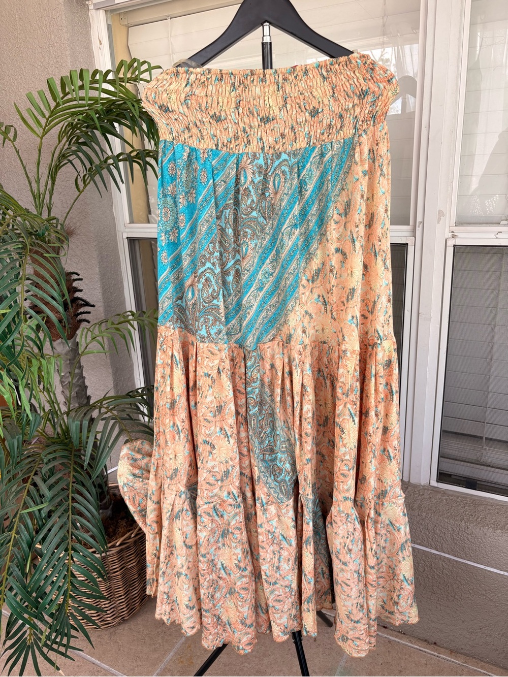 Boho Asymmetrical Maxi Dress in Peach & Teal